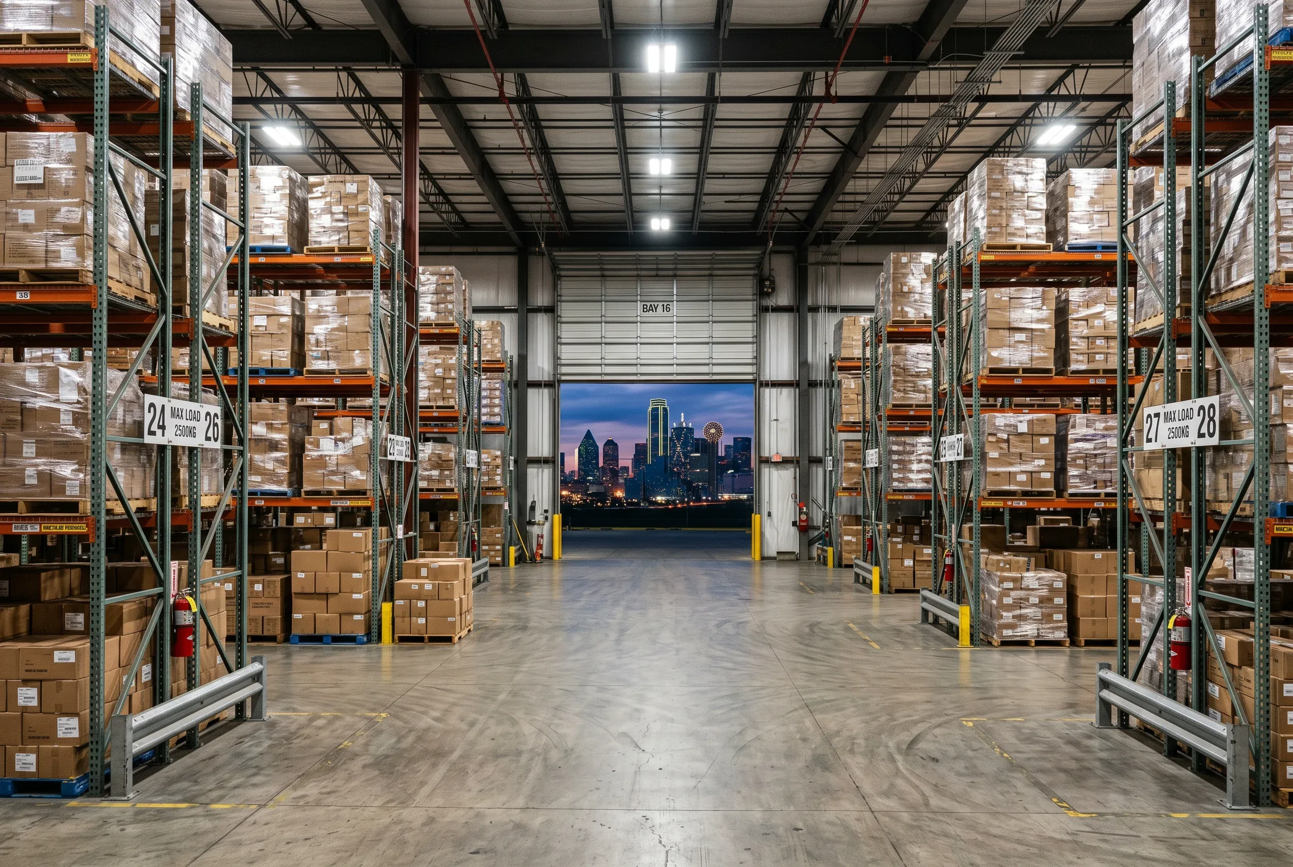 Warehouse racking aisle in a Dallas-Fort Worth distribution facility