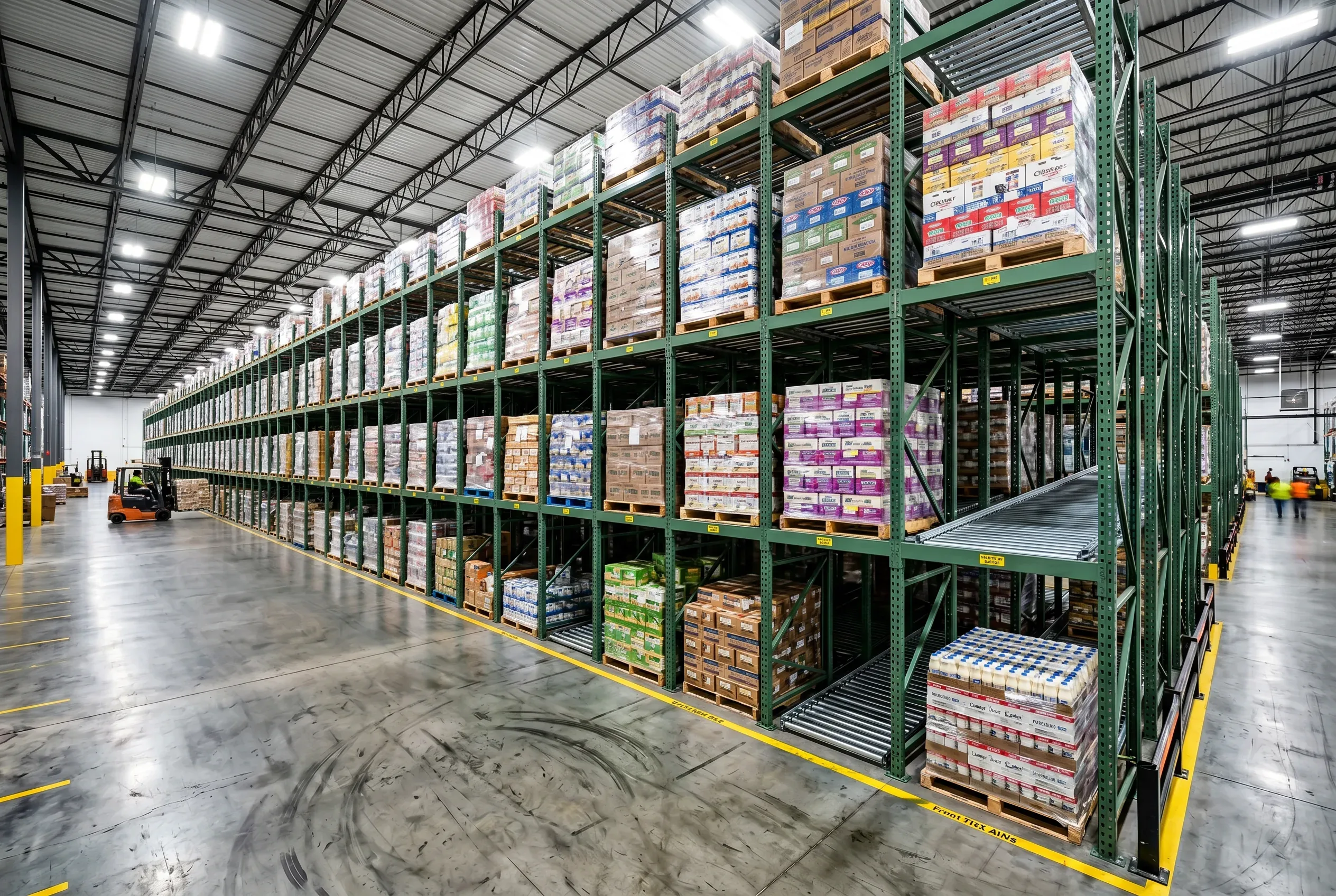 Deep-lane pallet flow rack with gravity rollers in a Dallas-Fort Worth refrigerated distribution center